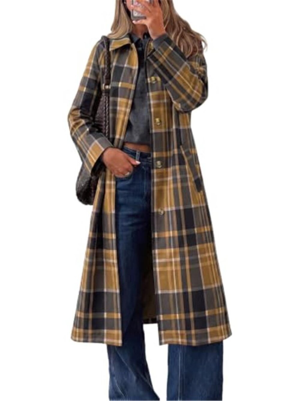Wome's Plaid Trench Coat Fall Lapel Single Breasted Long Jacket